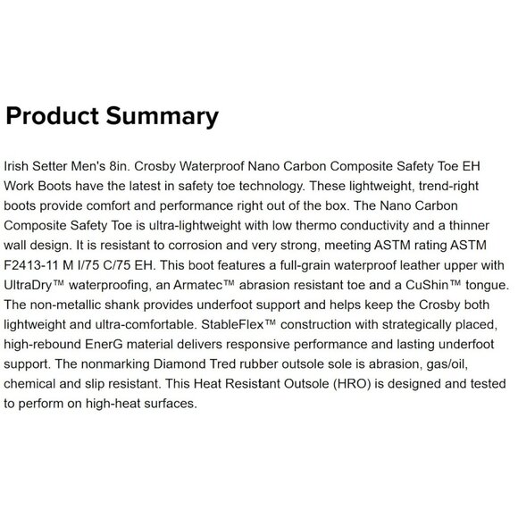 Irish Setter Crosby Waterproof Nano Carbon Safety Toe Work Boots 83830 Men's 8 - Picture 11 of 14